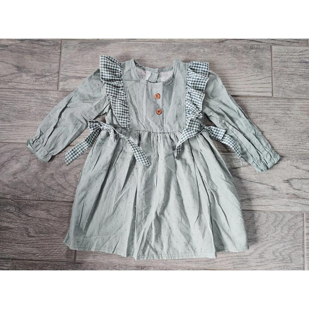 Toddler Girl's Abby & Evie Dress Size Age 3 Green Long Sleeve Dots Check Design